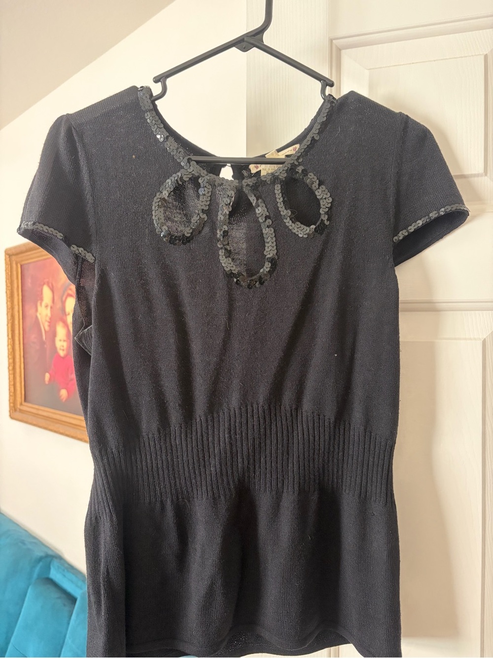 Nanette Lepore Black Short-Sleeve Sequin-Trim Knit Top